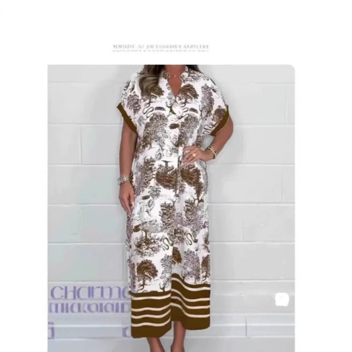 Levoire | Robe imprimée Été Robe imprimée à manches courtes larges Marron foncé