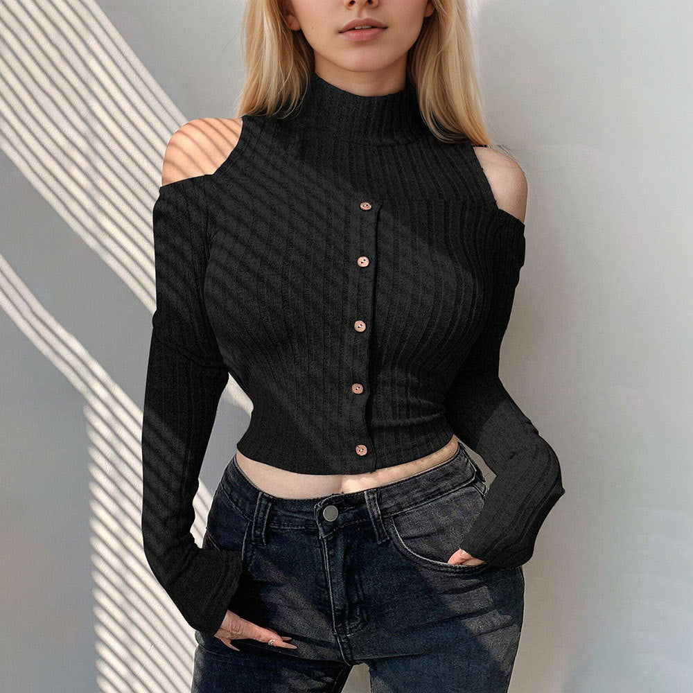 Pull long à manches longues pour femmes, cropped, avec des détails à épaules dénudées et fermeture à boutons Levoire