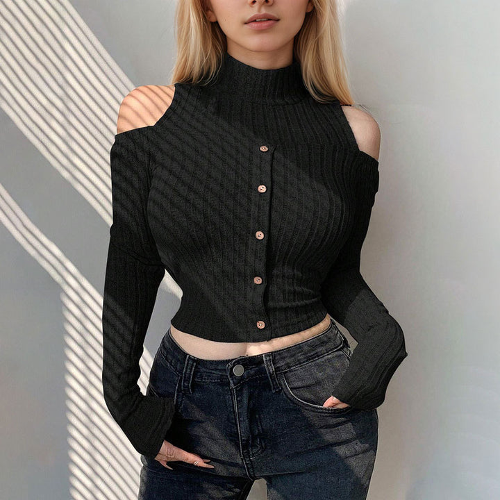 Pull long à manches longues pour femmes, cropped, avec des détails à épaules dénudées et fermeture à boutons Levoire