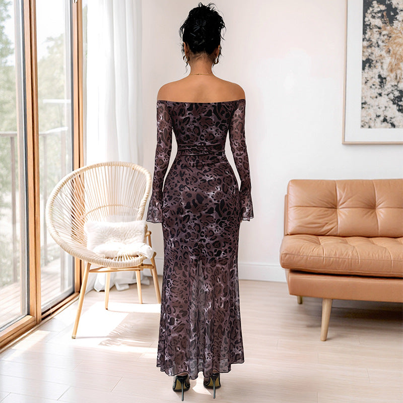 Robe maxi femme à épaules dénudées avec imprimé animal et manches longues Levoire