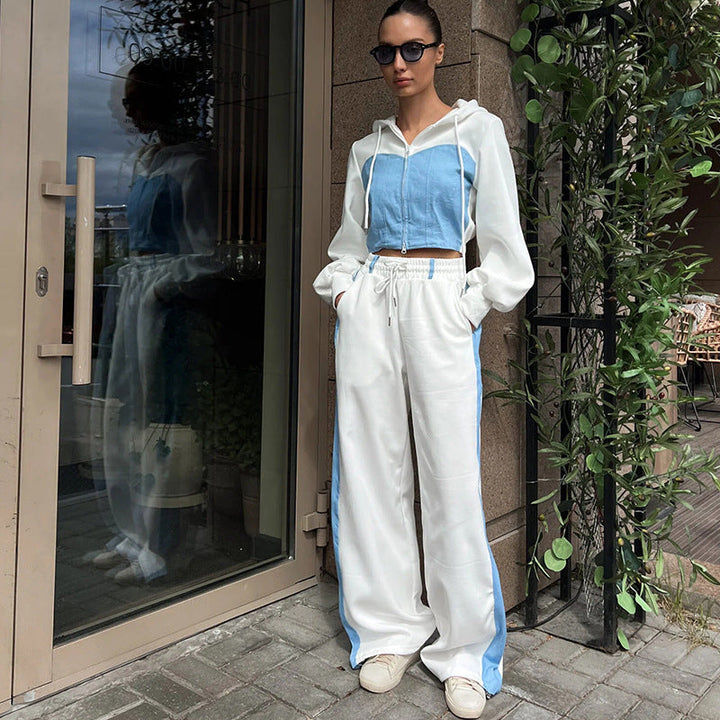 Levoire | Élégant Cardigan Chapeau Tenue d'entraînement Ensemble à deux pièces Blocs de couleur blanc et bleu