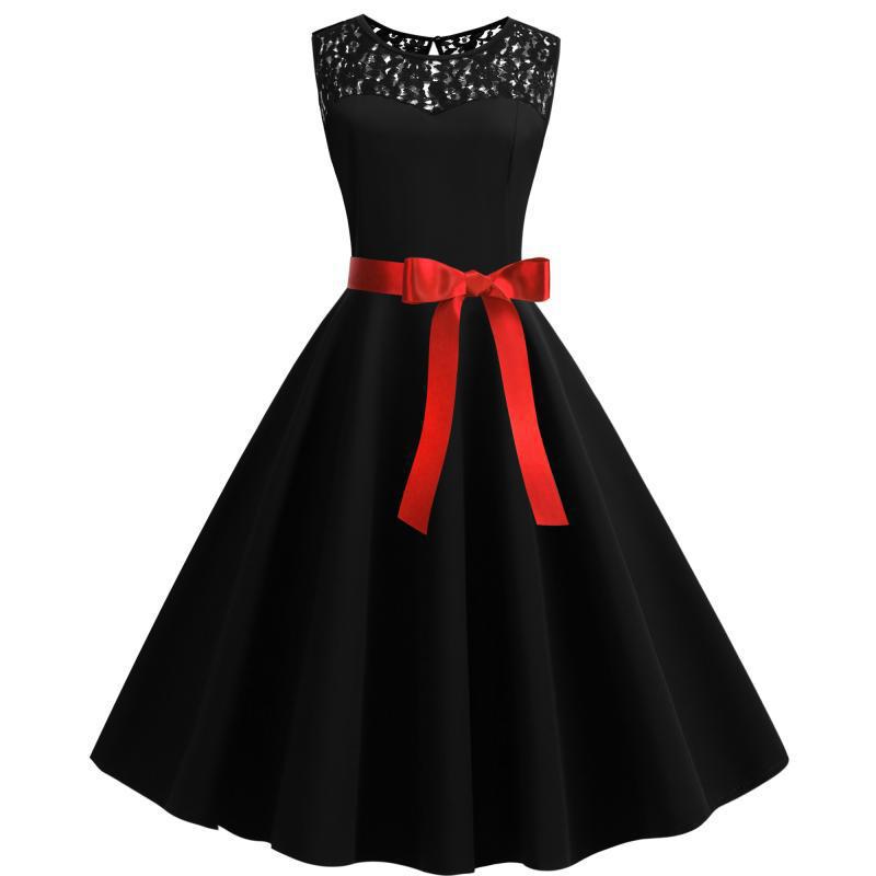 Robe vintage femme en A avec haut en dentelle et ceinture à nouer Levoire