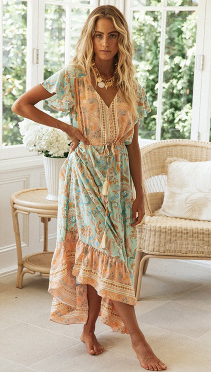 Robe d'été aérienne pour femmes avec des manches à volants ludiques et un cordon de taille élastique Levoire