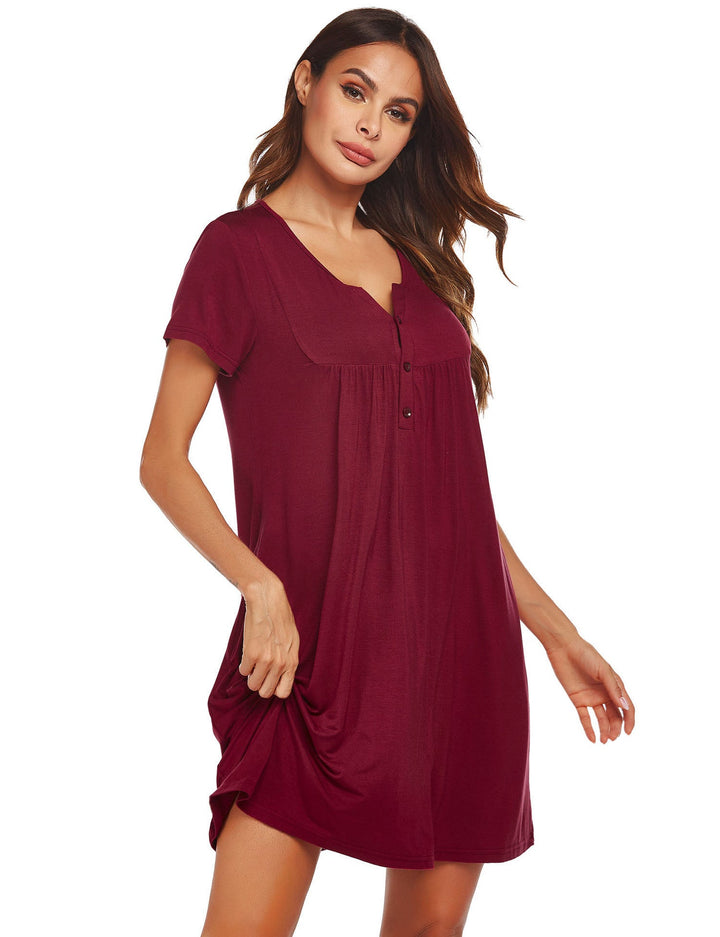 Levoire | Modal-robe de nuit Printemps Été Manches courtes Poche Nuit Rouge vin