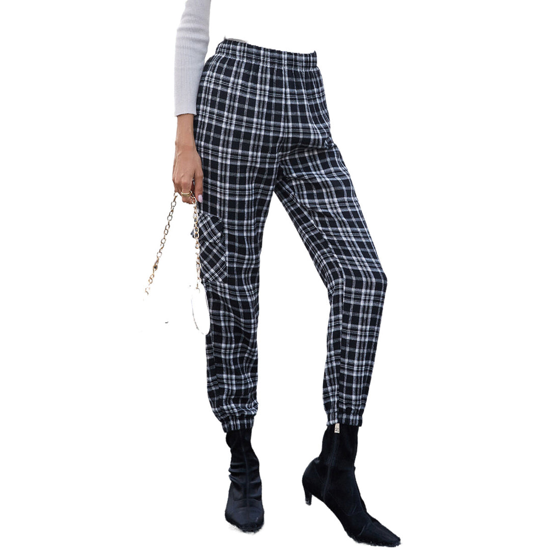 Pantalons à carreaux décontractés pour femmes avec taille élastique et poches latérales pratiques Levoire