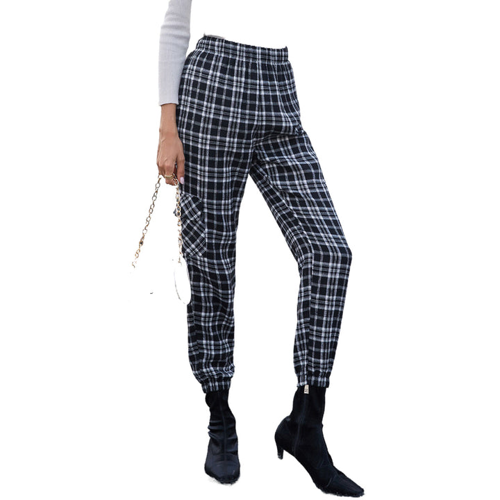 Pantalons à carreaux décontractés pour femmes avec taille élastique et poches latérales pratiques Levoire