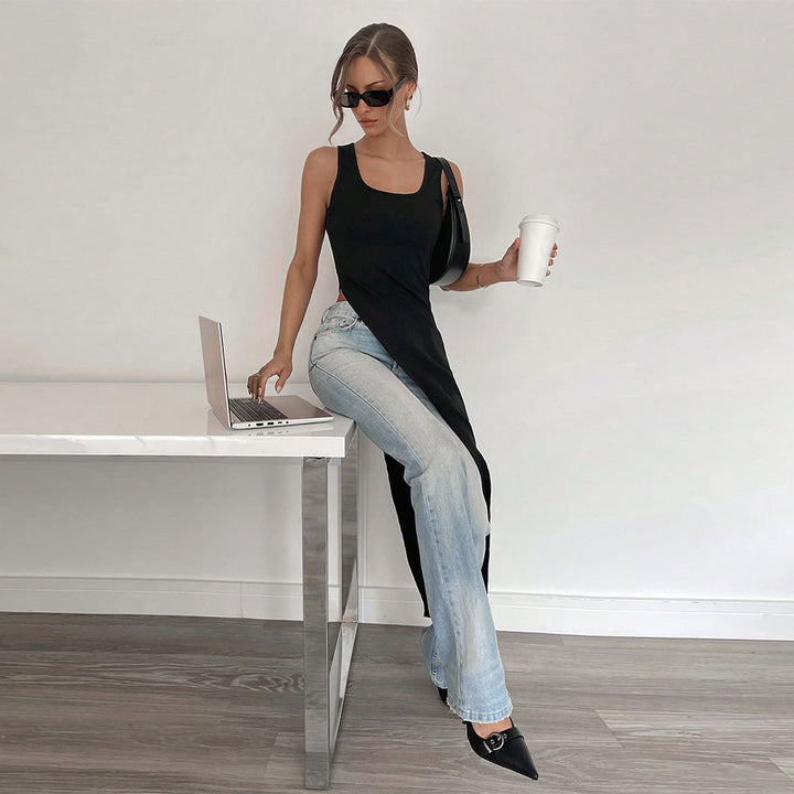 Robe maxi asymétrique pour femmes avec encolure ronde profonde et coupe fluide Levoire