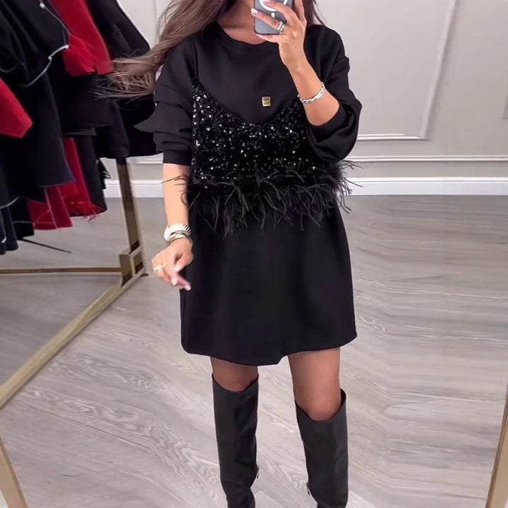 Robe de sweat à la mode pour femmes avec des détails en sequins et plumes Levoire