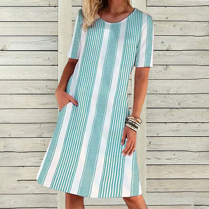 Levoire | Robe d'été rayée décontractée avec décolleté rond et manches courtes Vert clair