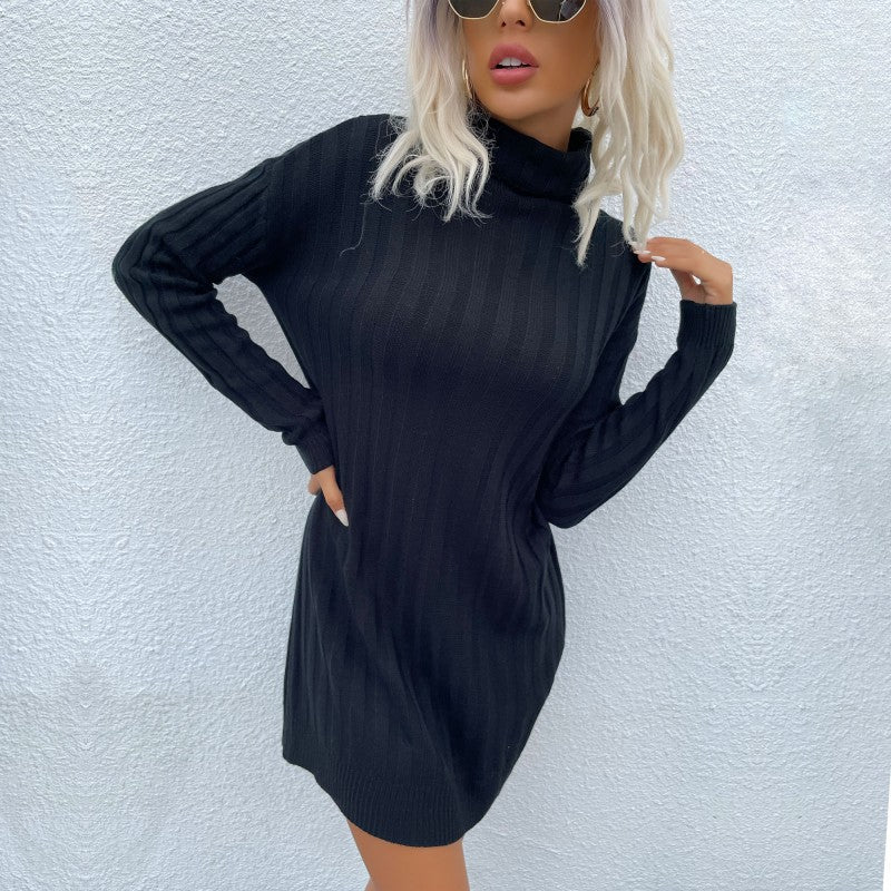 Robe en tricot surdimensionnée pour femmes avec col haut et design vertical fin Levoire