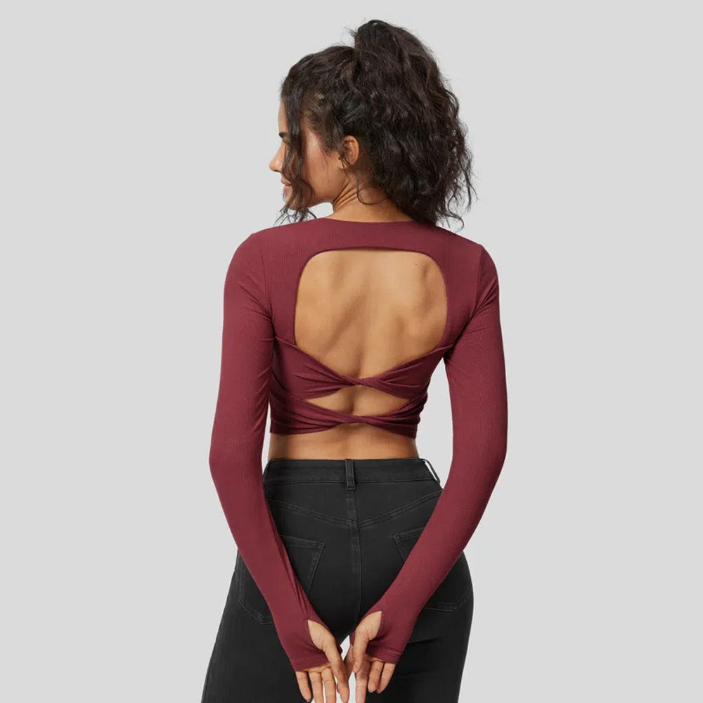 Top court à manches longues ajusté pour femmes avec encolure carrée et tissu en fine rib Levoire