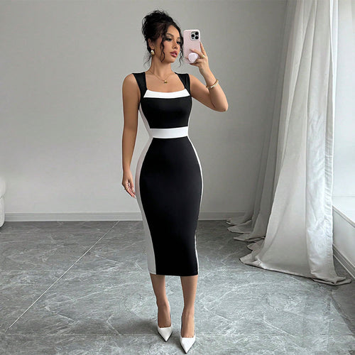 Robe midi ajustée pour femmes avec une coupe contrastée à la mode et des bretelles fines Levoire