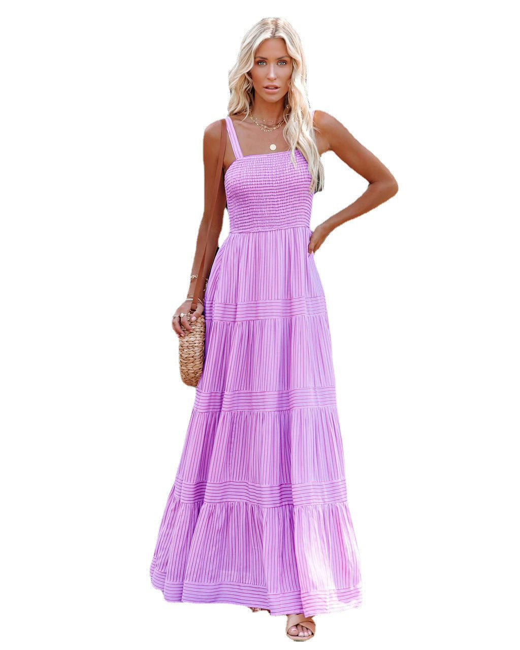 Robe maxi longue pour femme, légèrement évasée, avec fronces et bretelles spaghetti Levoire