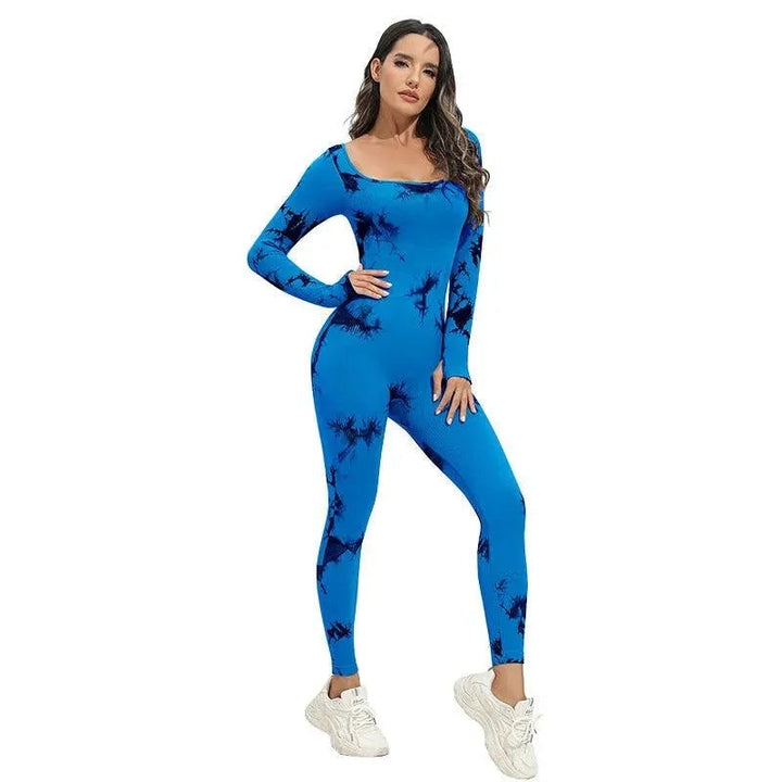 Levoire | Pantalons de yoga de sport sans couture avec des manches longues et un encolure carrée en design batik Noir et bleu