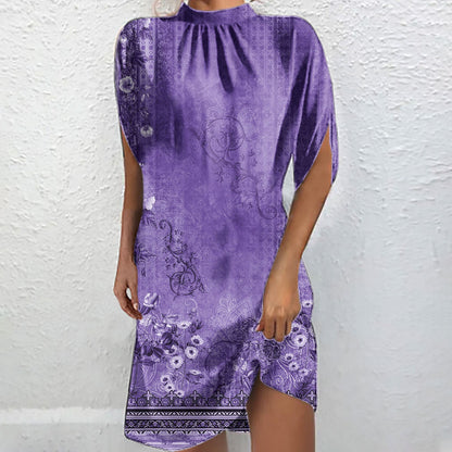 Levoire | Chemise à col montant imprimée élégante à manches courtes Batwing bleu foncé