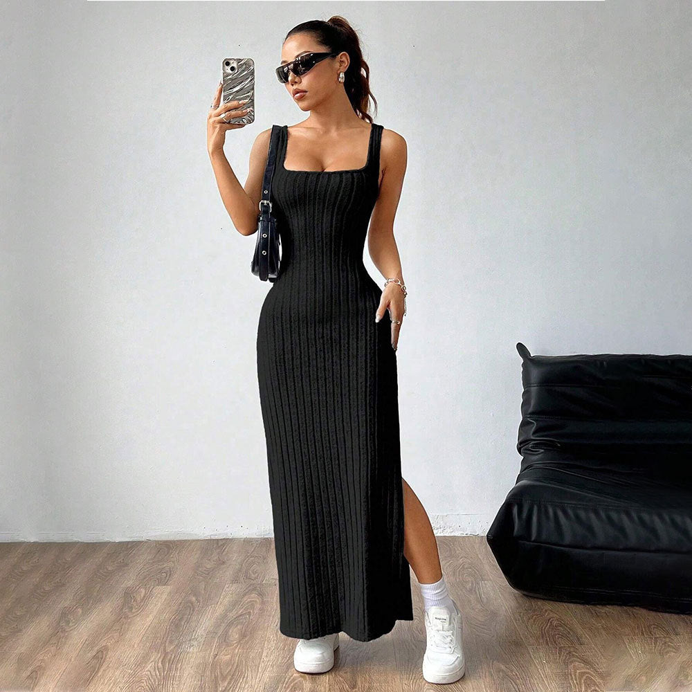 Robe maxi pour femmes avec motif à côtes élégant et fente latérale Levoire