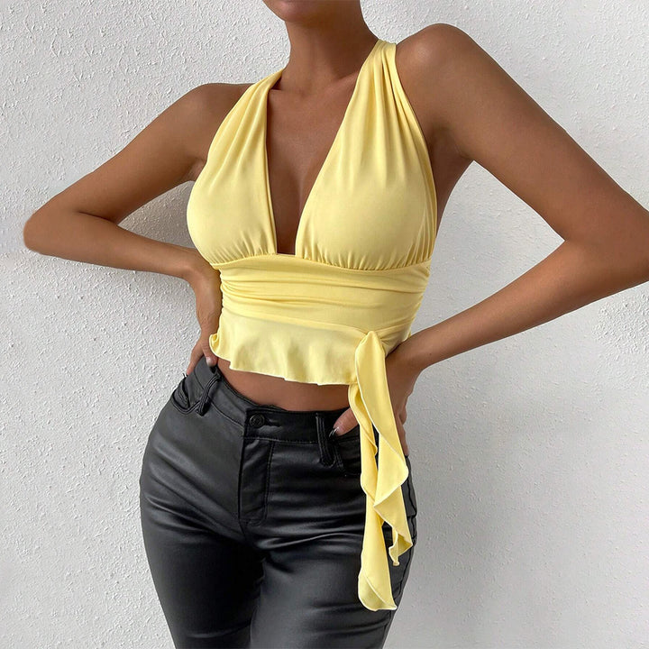 Top enveloppant pour femmes avec décolleté en V profond et détails de volants sophistiqués Levoire