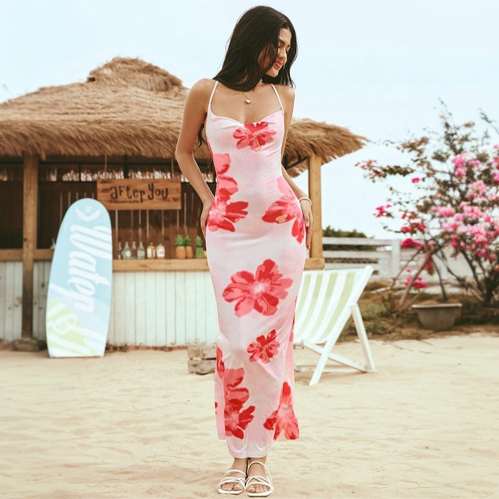 Robe maxi femme avec design floral et bretelles spaghetti ajustables Levoire