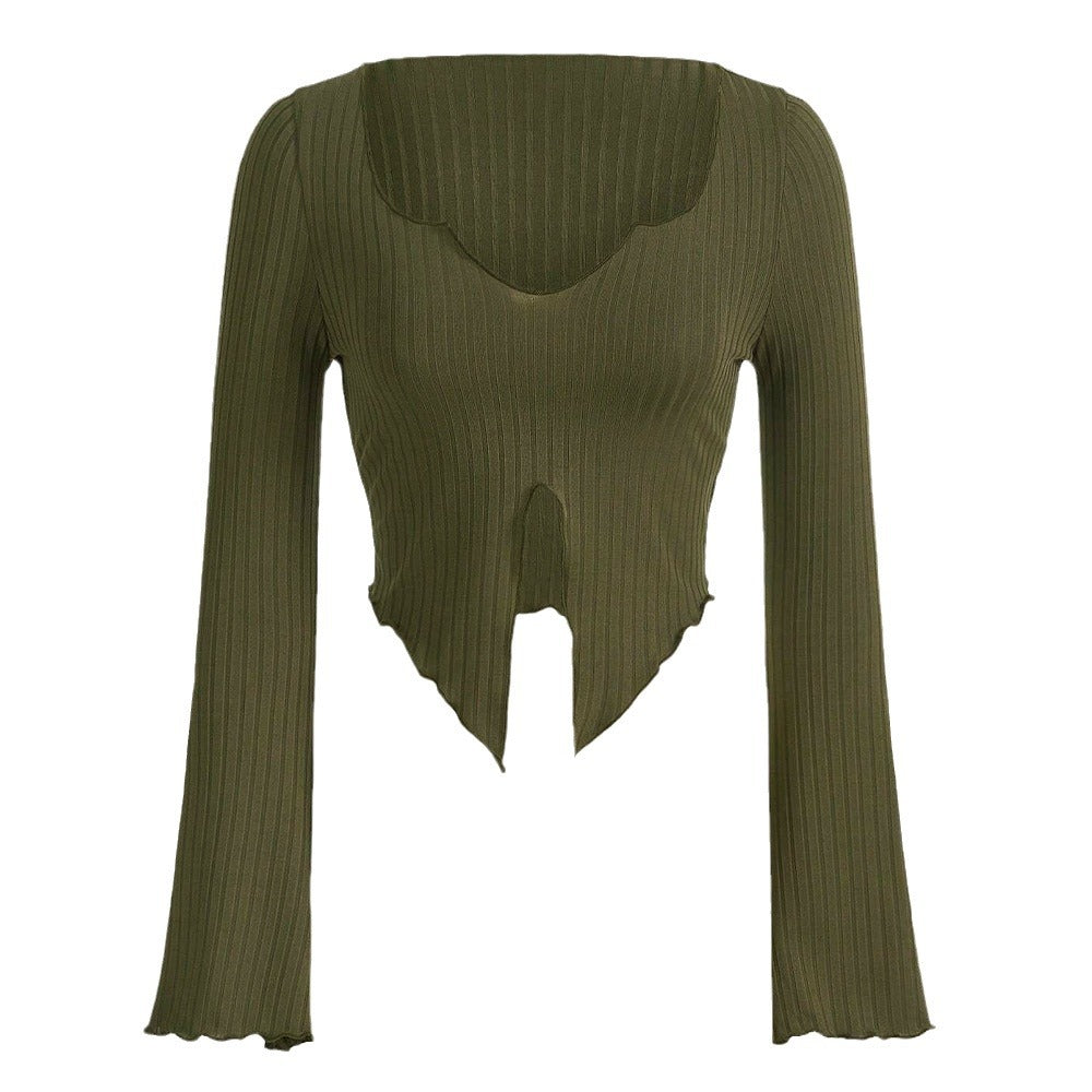 Chemise longue à manches longues pour femmes, cropped, avec ourlet asymétrique et détails de volants élégants Levoire