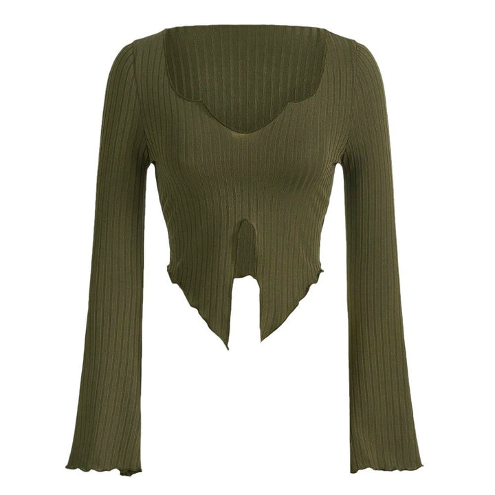 Chemise longue à manches longues pour femmes, cropped, avec ourlet asymétrique et détails de volants élégants Levoire