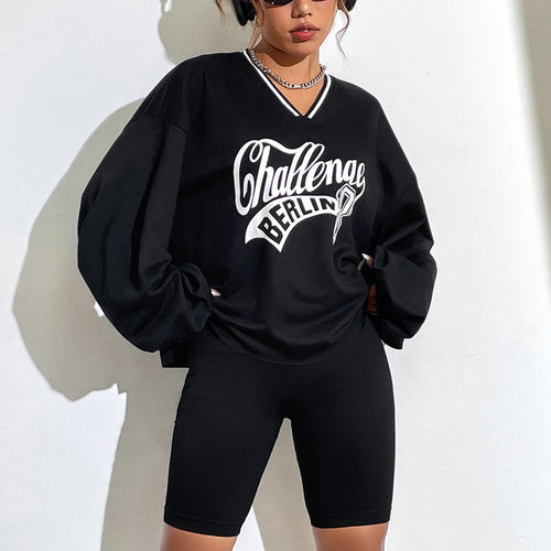 Sweat-shirt décontracté oversize pour femmes avec décolleté en V et imprimé graphique Levoire