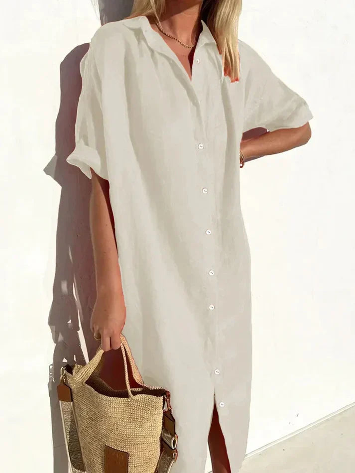 Levoire | Robe Élégante Et Décontractée Pour Femmes Avec Des Manches Larges Et Des Boutons Robe En Coton Et Lin Abricot