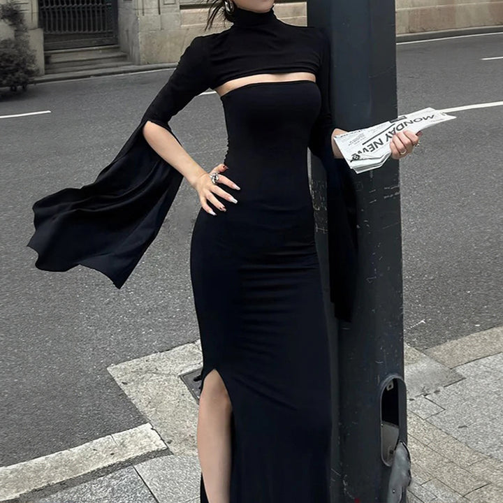 Robe maxi femme avec découpe asymétrique et élégantes manches bouffantes Levoire