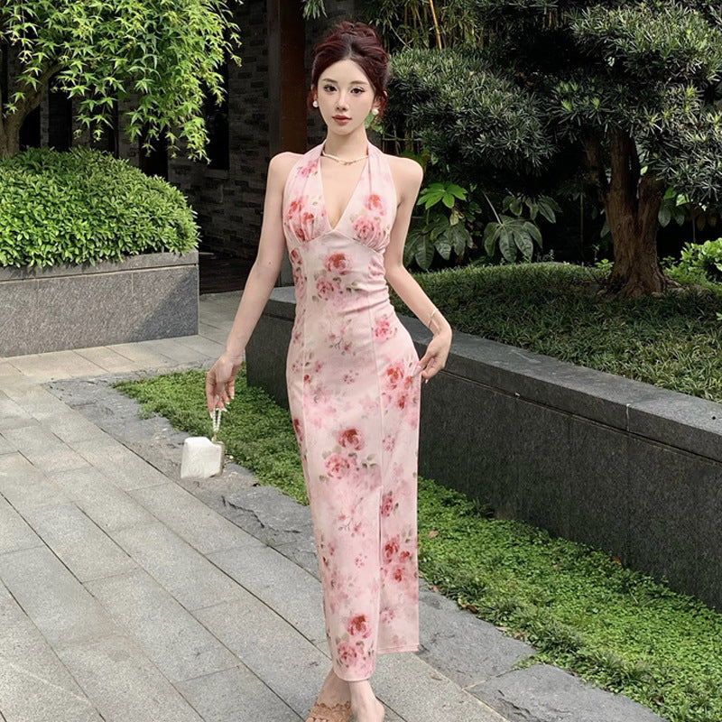 Levoire | Robe dos nu Halterneck Retro Fleurie Sexy Robe Couleur