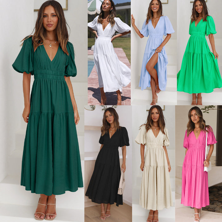Robe maxi pour femmes avec décolleté en V profond et manches bouffantes volumineuses Levoire