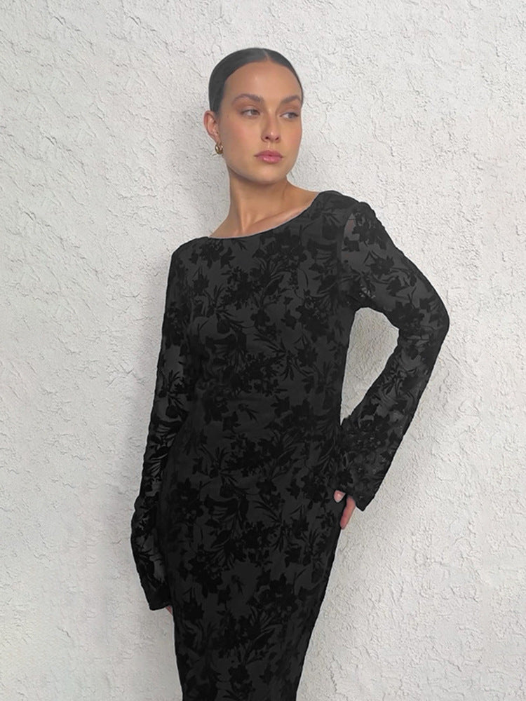 Robe Maxi Élégante pour Femmes avec Design Texturé Floral et Manches Longues Levoire