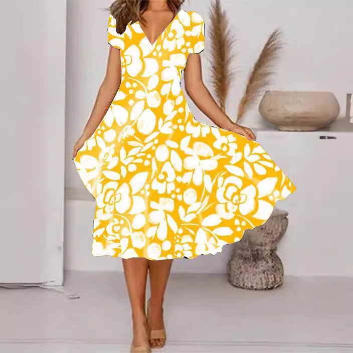 Levoire | Robe à manches courtes avec décolleté en V à imprimé floral élégant