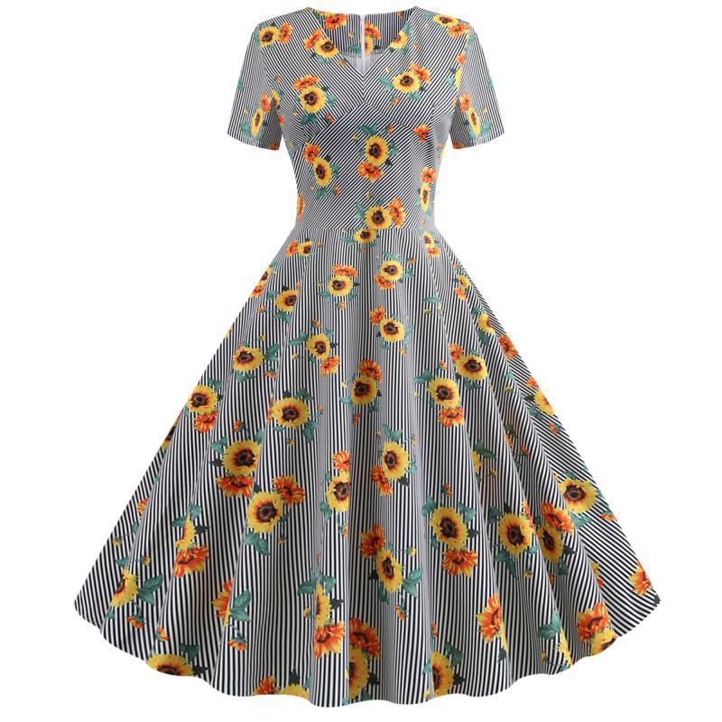 Robe swing rétro pour femmes avec motif floral de tournesols et coupe ajustée Levoire