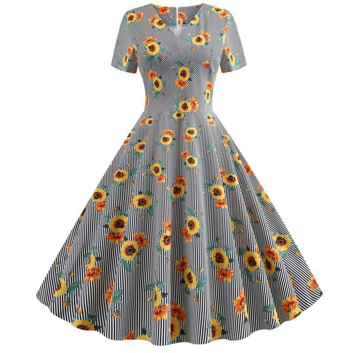 Robe swing rétro pour femmes avec motif floral de tournesols et coupe ajustée Levoire