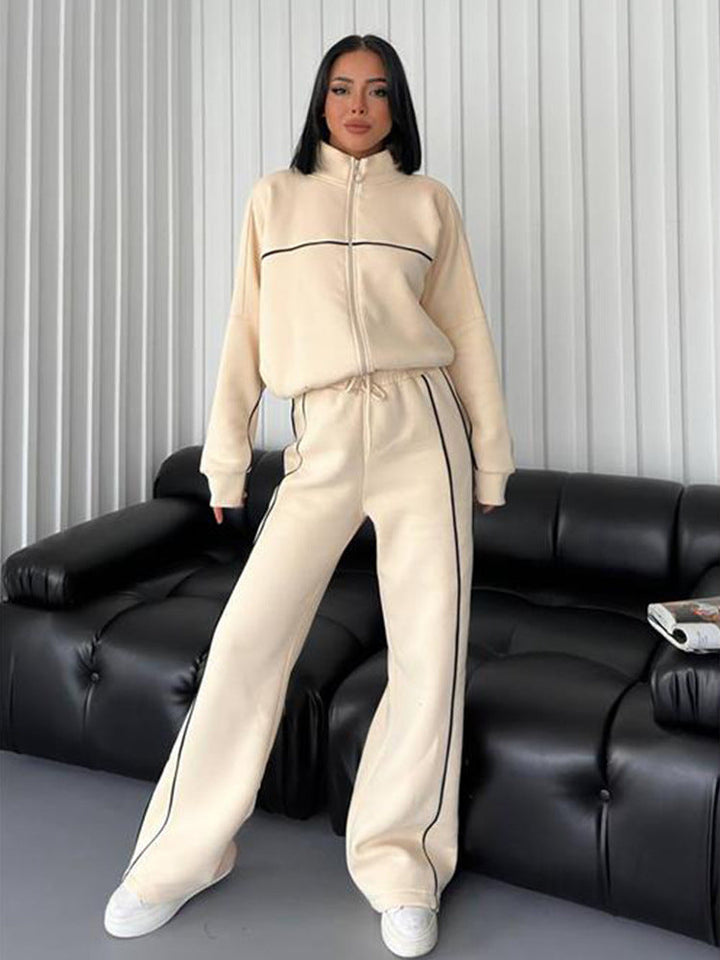 Levoire | Trendy Camp Cardigan Sweatshirt Deux-en-un Pantalons Rayés Set Abricot