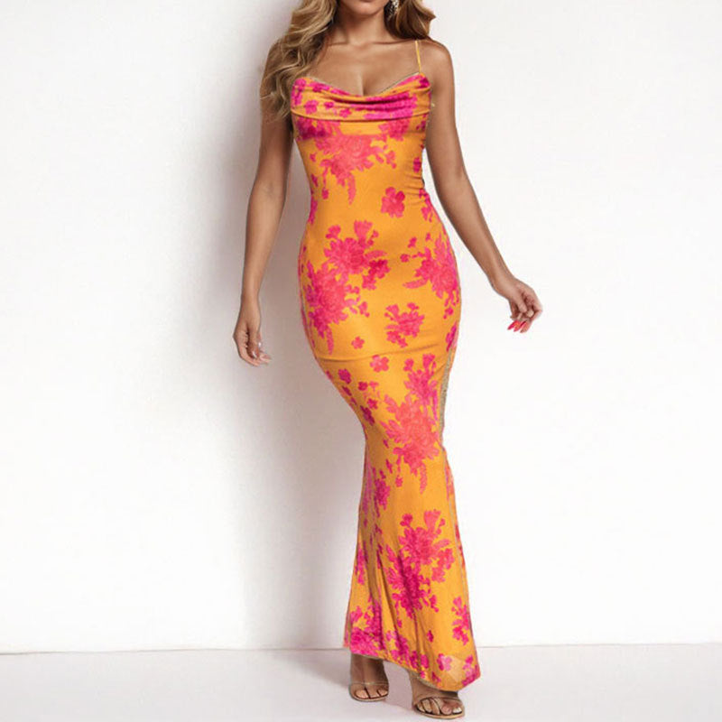 Robe maxi femme avec un élégant décolleté à cascades et des bretelles spaghetti décoratives Levoire