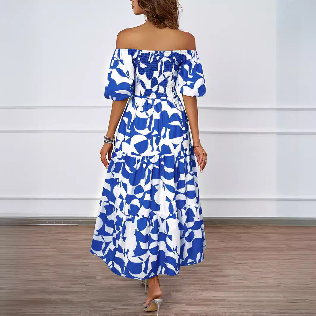 Robe Maxi Femme à Epaule Dégagée avec Manches Volumineuses et Imprimé Levoire