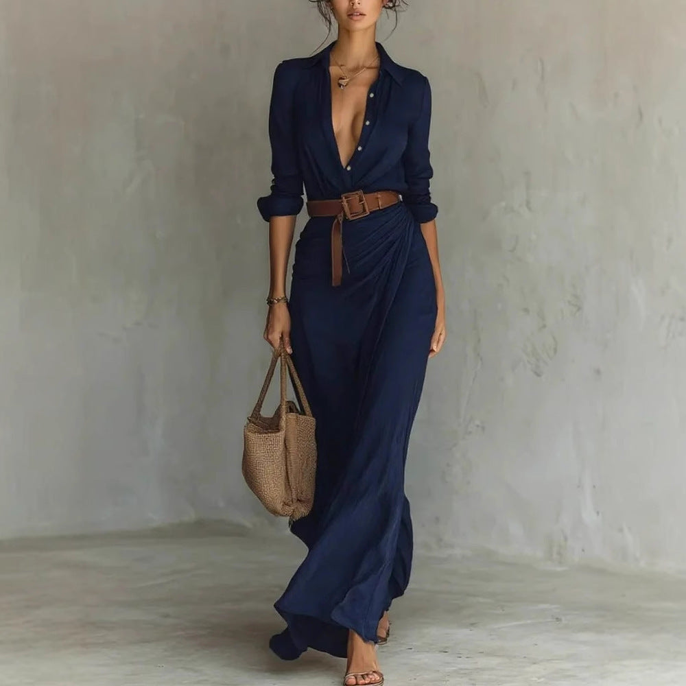 Robe maxi pour femme avec col de chemise classique et ceinture latérale Levoire