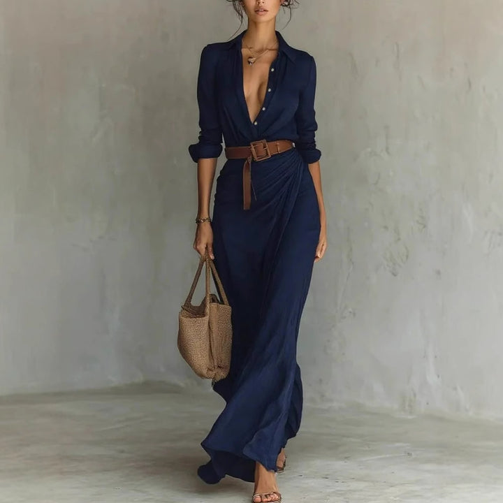 Robe maxi pour femme avec col de chemise classique et ceinture latérale Levoire