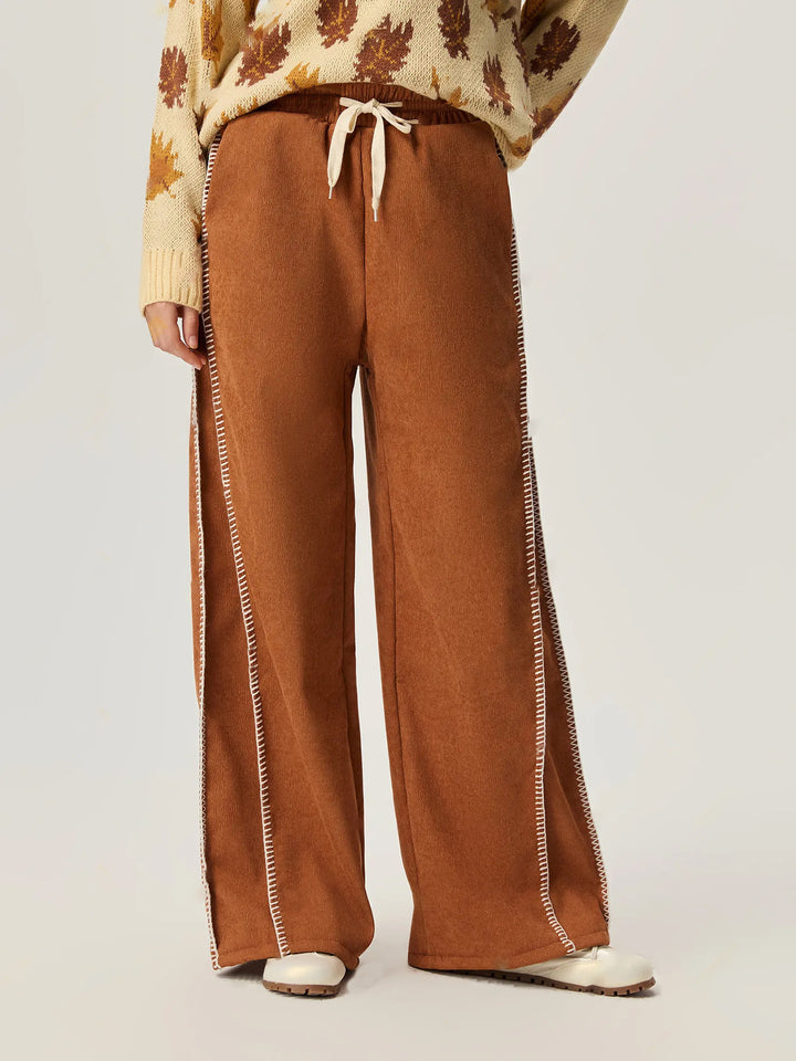 Pantalons décontractés à coupe large pour femmes en velours doux avec une taille élastique et un cordon décoratif Levoire
