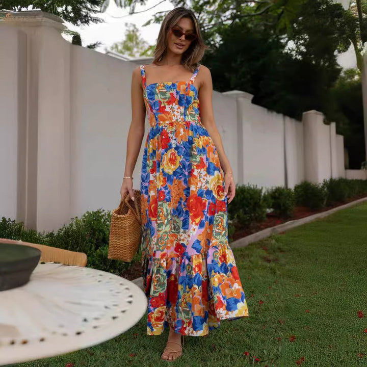 Levoire | Robe Longue Avec Encolure Carrée Et Motif Floral Vivant