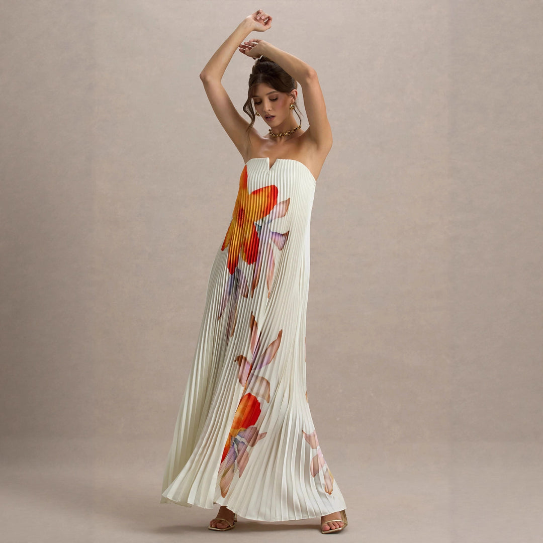 Robes élégante plissée pour femmes avec design floral et encolure sans bretelles Levoire