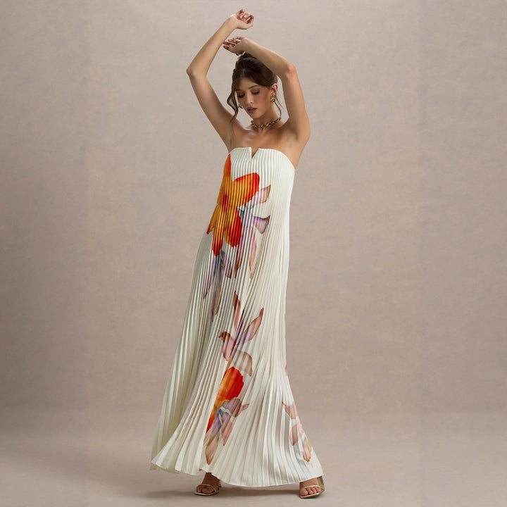 Robes élégante plissée pour femmes avec design floral et encolure sans bretelles Levoire