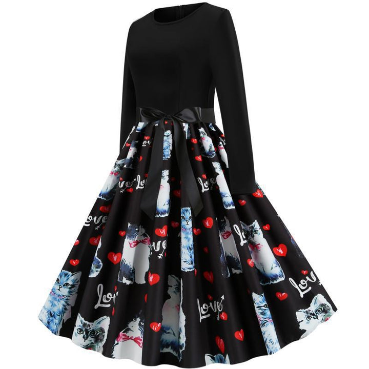 Robe swing pour dames avec motif de chat et ceinture élégante Levoire