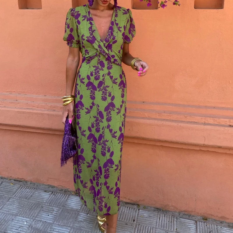 Robe maxi pour femmes avec décolleté en V profond et motif diamant artistique Levoire