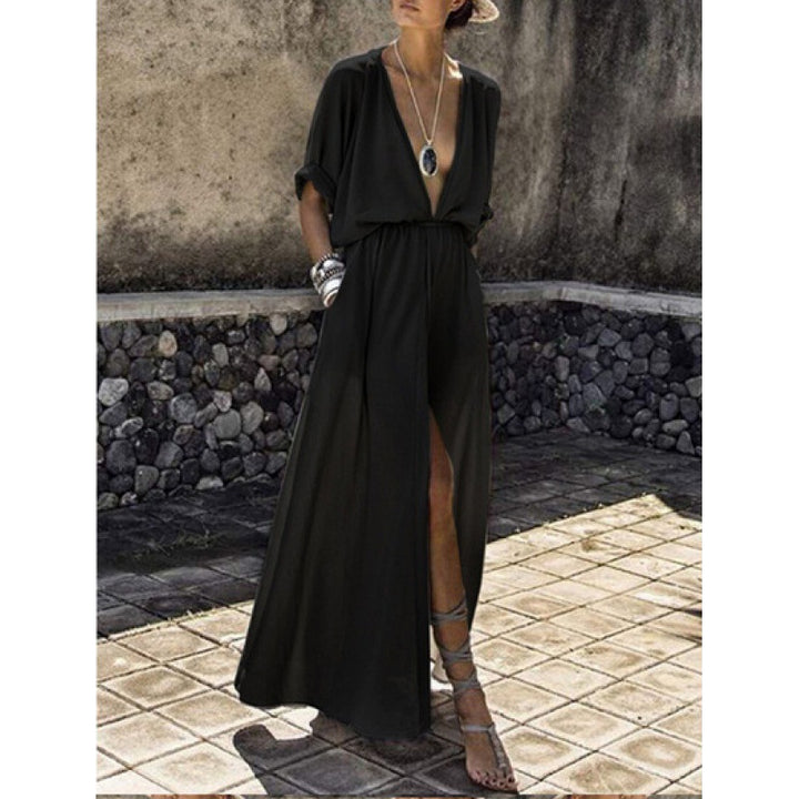 Robe maxi femme avec décolleté en V profond et fente sophistiquée Levoire