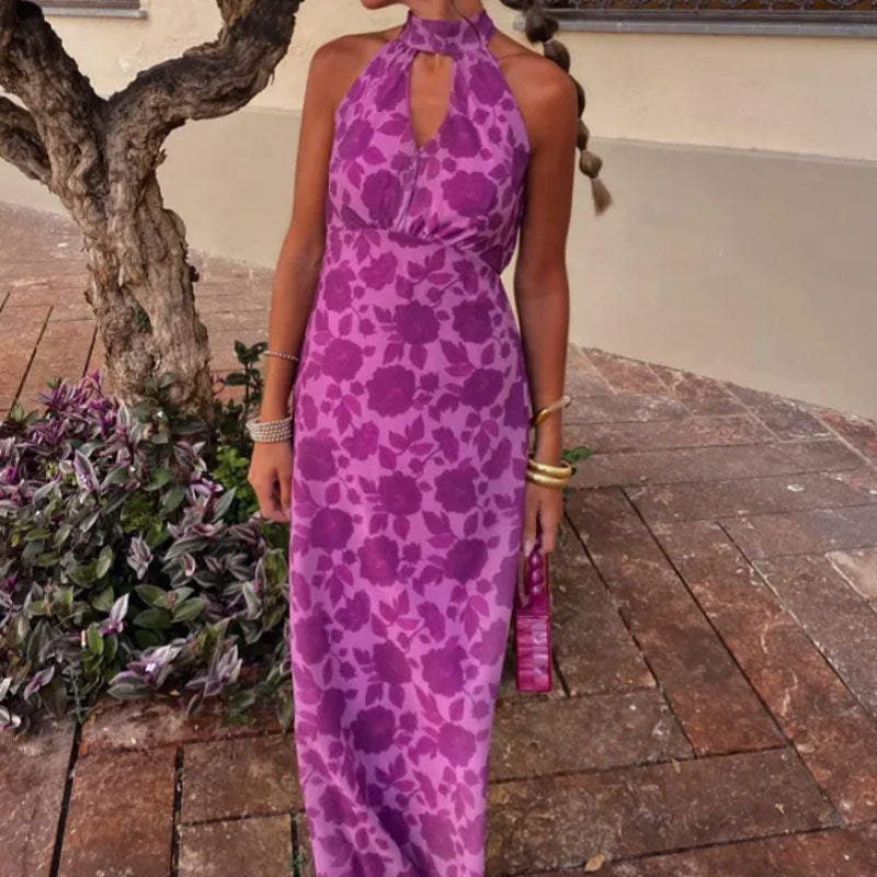 Robe maxi femme avec chiffon floral et col élégant Levoire