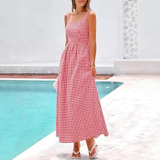 Robe maxi femme à motif à carreaux classique avec bretelles réglables et taille élastique Levoire