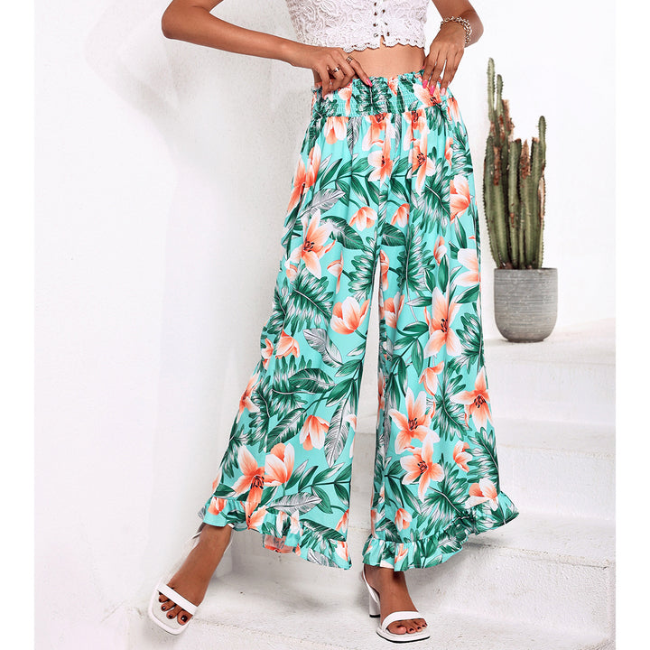 Pantalons de plage larges pour femmes avec motif floral et taille élastique Levoire