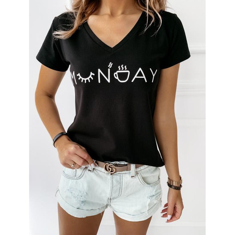 T-shirt pour femme avec lettrage créatif et col en V décontracté Levoire
