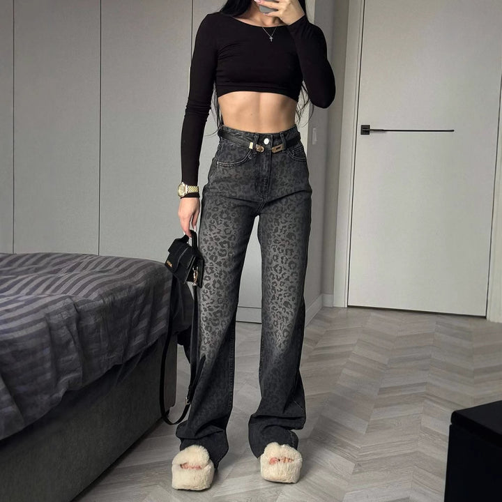 Jeans taille haute pour femmes avec imprimé léopard et jambe large Levoire